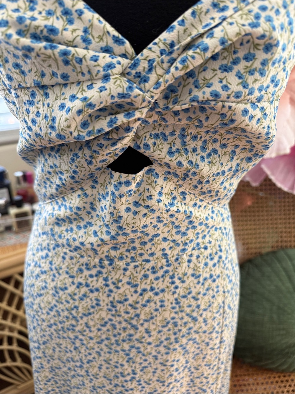 On You Blue White Floral Montauk Hamptons Garden Cottage Brunch Boho Midi Dress - Picture 3 of 5
